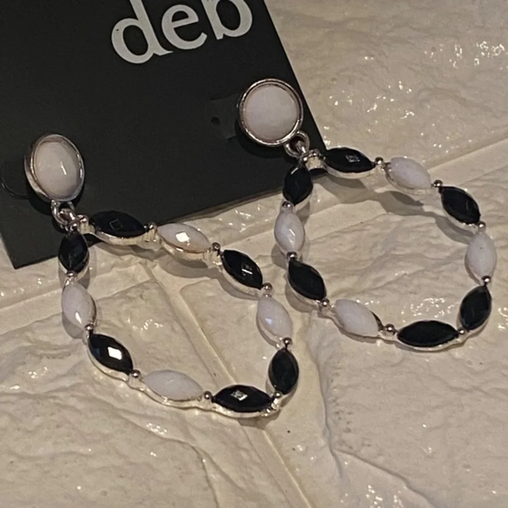 Deb Hoop Earrings Women Black White Beaded Silver Tone‎ Y2K Glam Party